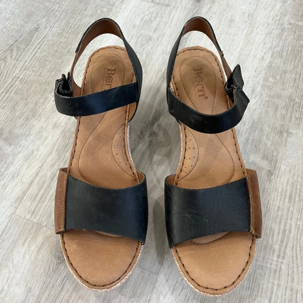 Born Nectar Leather Wedge Sandals Brown Black Two Tone Open Toe Women 10 Comfort